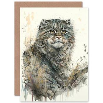 Pallas Cat Floral Birthday Card – Hand‑painted Watercolor Illustration