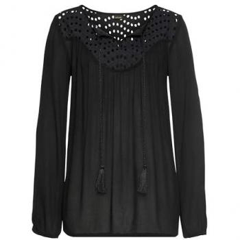 Crepebluse LASCANA Gr. 38, schwarz Damen Blusen mit Lochstickerei