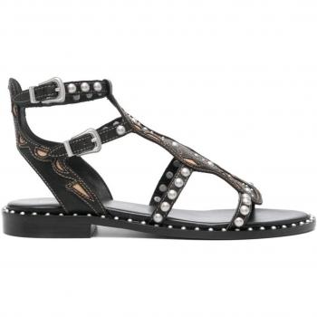 Sandalia Gladiadora Plana de Piel Negra con Bordados y Tachuelas para Mujer Ash Plaza - Talla 37