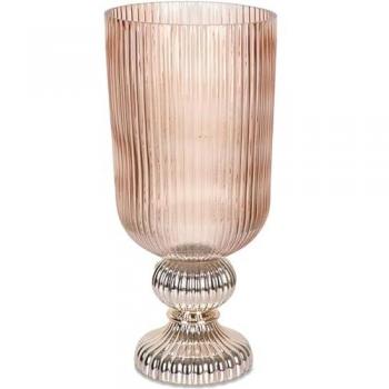 Jarrón tallado en cristal rosa con base dorada