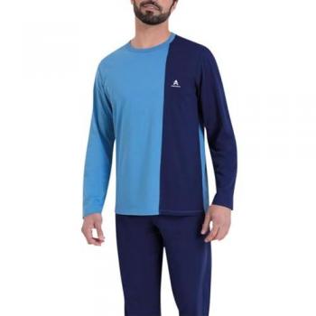 Athena Pyjama long col rond pour hommes – Bleu Coton