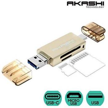 Lector De Tarjetas Sd / Micro Sd Akashi 3 En 1: Usb, Micro Usb Y Usb-c, Gris