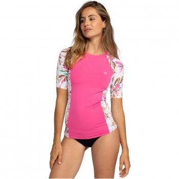 T-shirt Roxy Donna Manica Corta UV Protettiva Rosa Bianco Verde - Taglia S