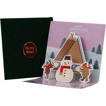 Postal navideña 3D con sobre de Papá Noel, muñeco de nieve y árbol