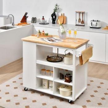 Rolling Kitchen Island Cart with Open Shelves and Drawer
