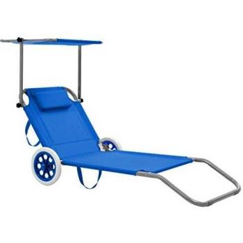 Transat Pliable avec Auvent et Roues en Acier Bleu