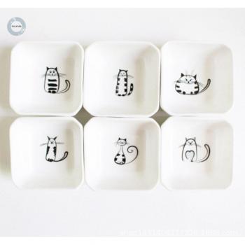 Cute Cat 6-Piece Small Plate Set - Heart-Shaped Soy Sauce and Spice Tray with Handle