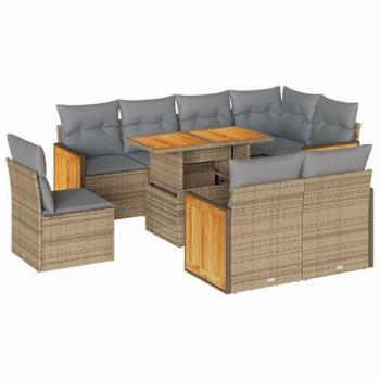 Set Divano da Giardino 9 pezzi con Cuscini Beige in Polyrattan e Acacia