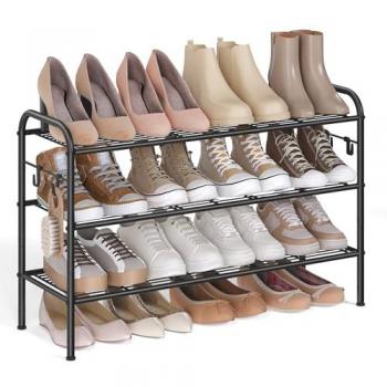 3-Tier Metal Shoe Rack with 4 Hooks, Ink Black (28 x 85 x 53 cm)