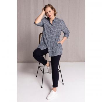 Blusa a righe miste plus size con bottoni e colletto alto, maniche 3/4, Donna, Blu, Taglia 52/54, Viscosa