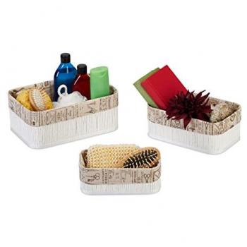 Relaxdays Bamboo Basket Set – 3 Fabric‑lined Storage Bags, White/Beige