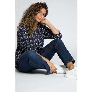 Plus Size Decorative Pleat V-Neck Stretch Tee with 3/4 Sleeves, Women, Blue, Size: 24/26, Cotton