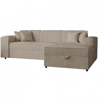 Sofá rinconero Clovis 116, color marrón claro, función de descanso, caja de ropa de cama, 253x166x79cm