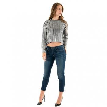 ONLY Metallic‑Silber Kurzpullover mit Zopf‑Muster – Größe 42 – Frauen