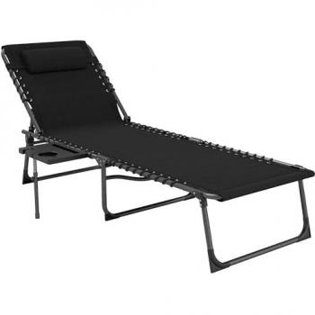 Black Folding Sun Chair with Adjustable Recline and Portable Side Pocket