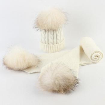 Gorro y bufanda de punto de cachemira para niños con pompones