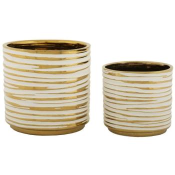 Ensemble de 2 porte-vases céramique blanche et dorée Ø 23x22-18x17,5 cm