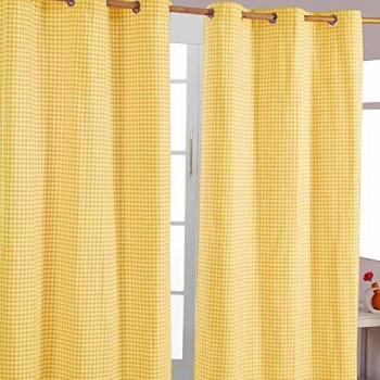 Cotton Gingham Check Yellow Ready Made Eyelet Curtains, 137 x 228 cm