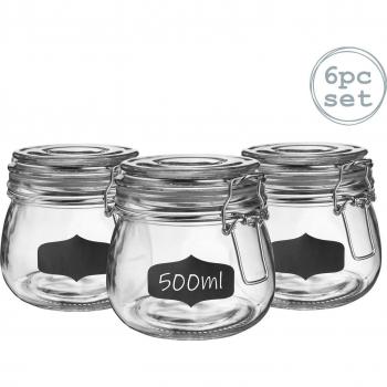 Glass Storage Jars with Labels - 500ml - Clear Seal - Pack of 6