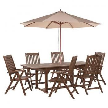 Set da giardino con 6 sedie in legno di acacia marrone scuro e ombrellone sabbia Amantea