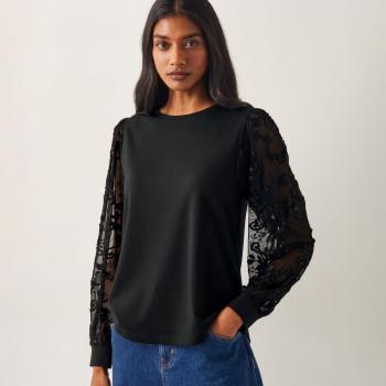 Top floral transparent à manches Monsoon Immy XXL Noir