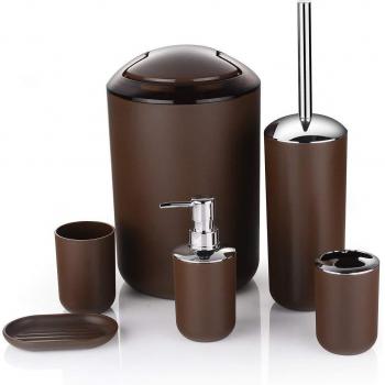 Badezimmer Zubehör Set aus Kunststoff, 6 Teile, inklusive WC Pinsel, Seifenschale, Zahnpasta Spender, schwenkbarem Deckel und Mülltonne