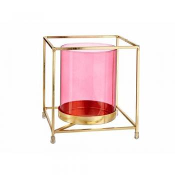 Gift Decor-Portavelas Cuadrado Rosa Dorado 14 x 15,5 x 14 cm Metal Vidrio