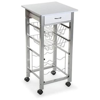 Carro de cocina auxiliar blanco con cajón y estantes metálicos
