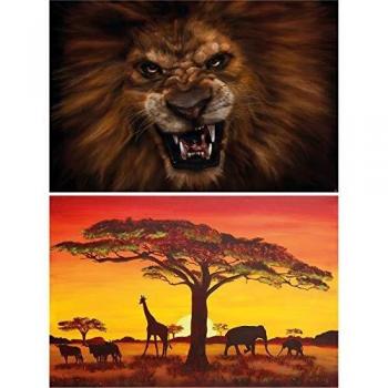GREAT ART Set di 2 Poster XXL - Animali della Savana - Leone Ruggente & Africa Silhouette al Tramonto Bufalo Giraffa Steppa Estate Decorazione Murale