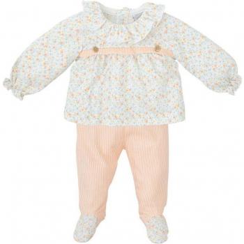 Conjunto de bebé niña en color naranja con camiseta de florecitas y polaina