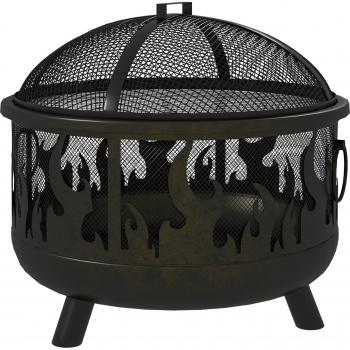 Outsunny Metal Firepit Bowl Outdoor 2-in-1 Round Fire Pit with Lid, Grill, Handles, Wood Burning Stove