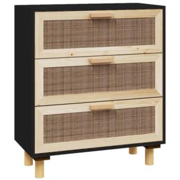 Cassettiera Mobile Pino Massiccio con Rattan Nero 60x30x70
