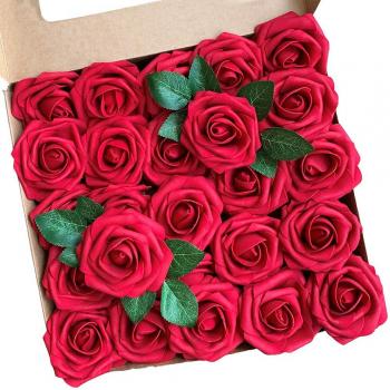 Rose Artificiali ACDE, 25 Pezzi Finte in Schiuma con Foglia e Gambo Regolabile
