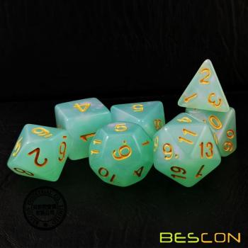 Ensemble de dés polyédriques en pierre de lune effet paon bleu turquoise violet perle