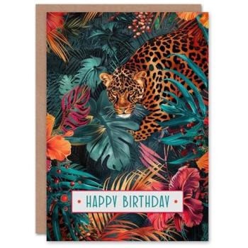 Birthday Card – Green Prowling Leopard with Dark Tropical Jungle Flora