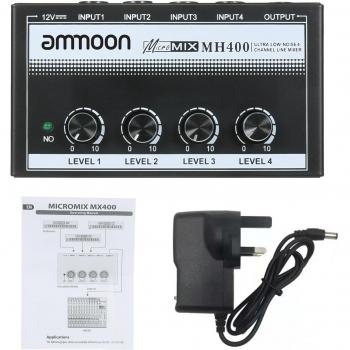 Ammoon MH400 Ultra-Niedrig-Geräusch 4-Kanal Audio-Rührgerät mit 1/4-Zoll TS Eingängen und Volumenregelung für Gitarre
