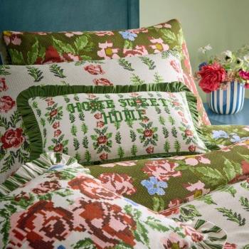 Feeoni Home Sweet Home Embroidered Cotton Filled Cushion 30cm x 50cm Willow Green