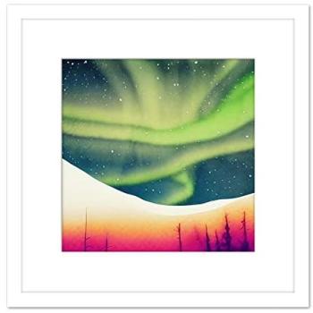 Vibrant Night Sky Landscape: Aurora Borealis Green Print on Wood – 8x8