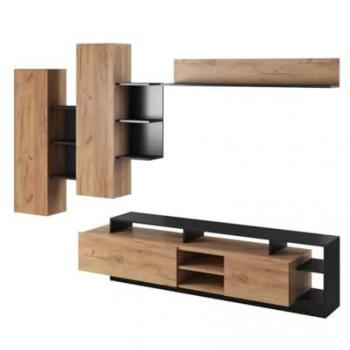Parete TV a scomparti portaoggetti, colore legno naturale e antracite – IDESIA