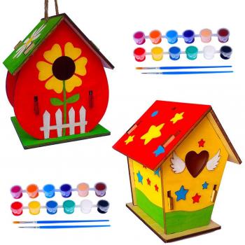 Wooden Birdhouse Building Kits - 3 Sets for Children with Paints and Brushes