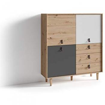 Highboard bill / Wohnzimmerschrank Artisan Eiche Optik hellbraun / Schrank mit 3 Tür und 3 Schubkästen / Sideboard mit Fronten in weiß und grau