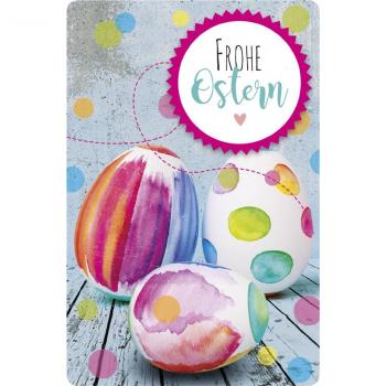 Bunte Eier auf Holzbrett - SUSY CARD Oster-Grußkarte