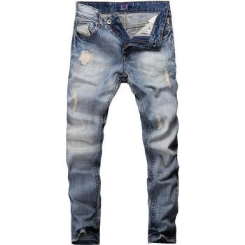 Men's Light Blue Slim Fit Destroyed Jeans with Embroidery