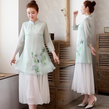 Conjunto Estilo Chino Mujer - Cheongsam & Pantalones Anchos Traje Tang Verano 11265