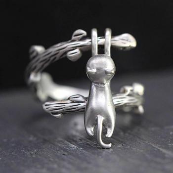 Anillo de Plata Tailandesa 925 con Motivo de Gato para Mujer