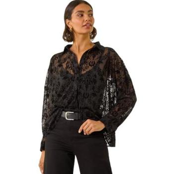 Chemisier Noir à Fleurs Texturé V-Neck Roman