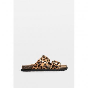 Stradivarius Leopard Print Leather Buckled Flat Sandals