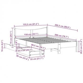 Vidaxl King Size Bed Frame with Drawers Wax Brown 150x200 cm Solid Wood Pine