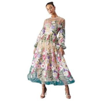 Muse Coast Long‑Sleeve Embroidered Maxi Dress – Size 16