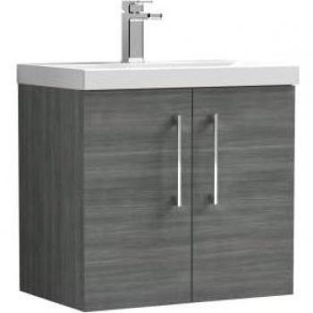 Arno Wall-Mounted 2 Door Vanity Unit with Basin in Anthracite Woodgrain